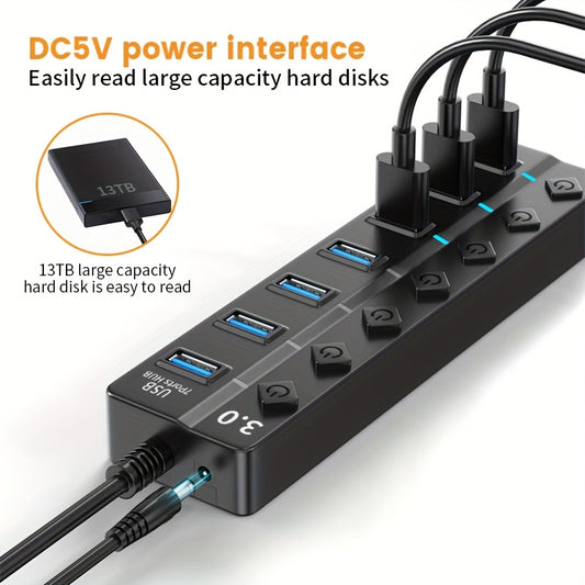 USB Hub 3.0 7-port hub splitter, 3-foot extension cable with independent on/off and light extension adapter, compatible with MacBook, laptop, Surface Pro, PS4, USB flash drive, external hard drive laptop dock