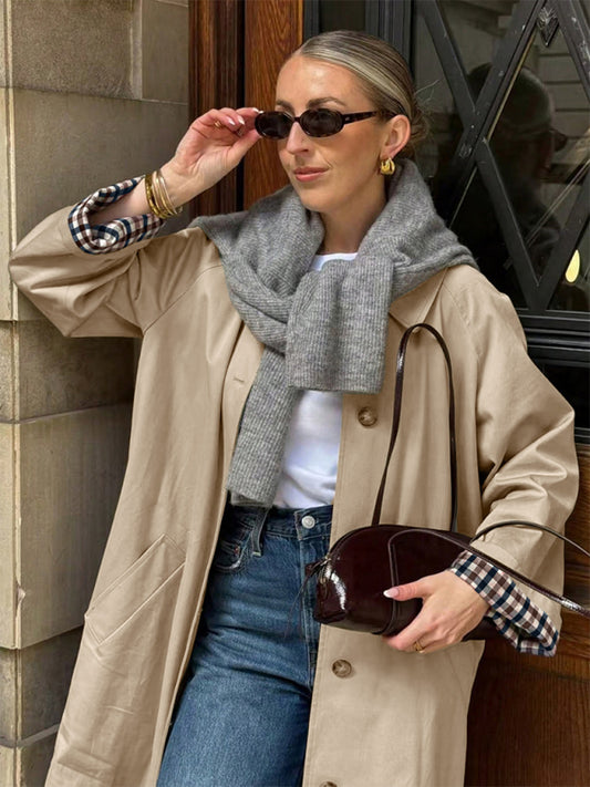 New commuter trench coat, long, plaid patchwork lapel trench coat jacket